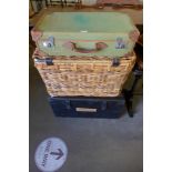 A Victorian stained pine box, wicker box and a vintage suitcase