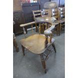 A Victorian ash and elm smokers bow, converted to a barbers chair with adjustable headrest