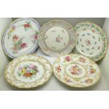 Five 18th Century to 20th Century hand painted cabinet plates including Coalport and Derby (circa