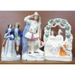 Three Staffordshire figures, one a/f (broken in two - restored)