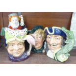 Three Royal Doulton Toby jugs and one small Toby jug including Captain Hook and Ugly Duchess