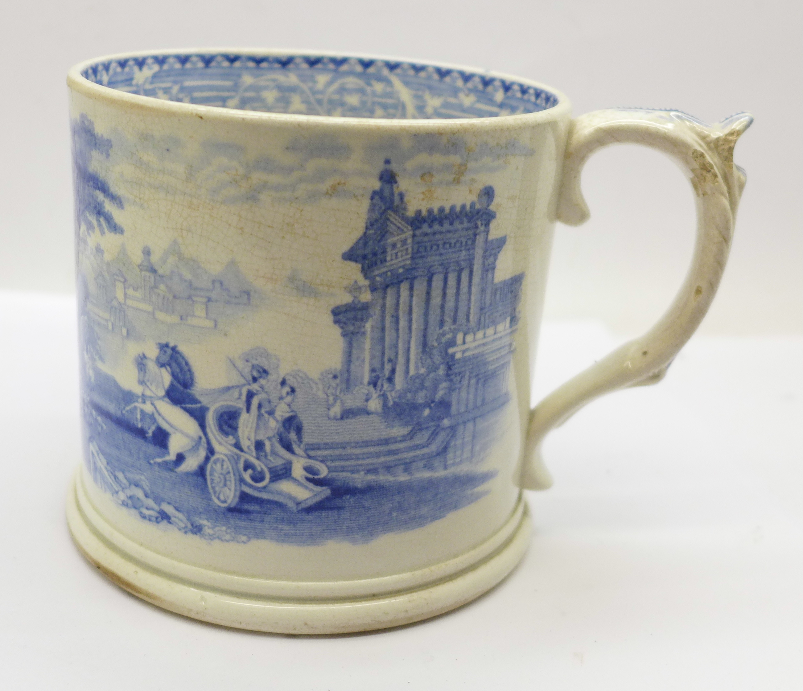 A 19th Century blue and white frog mug, a/f, (hairline crack)