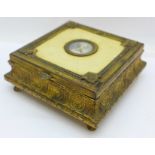 An early 20th Century Italian square jewel casket, hinged lid set with a roundel portrait