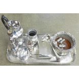 A silver plated gallery tray, sugar shaker, cigarette box, ladle, wine coaster and other silver