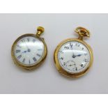 A 10ct gold plated fob watch in a 20 year Dennison case and an 800 continental silver gilt fob watch