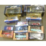Twelve die-cast model vehicles including Maisto Dodge Viper RT/10 and '95 Ford Explorer, boxed