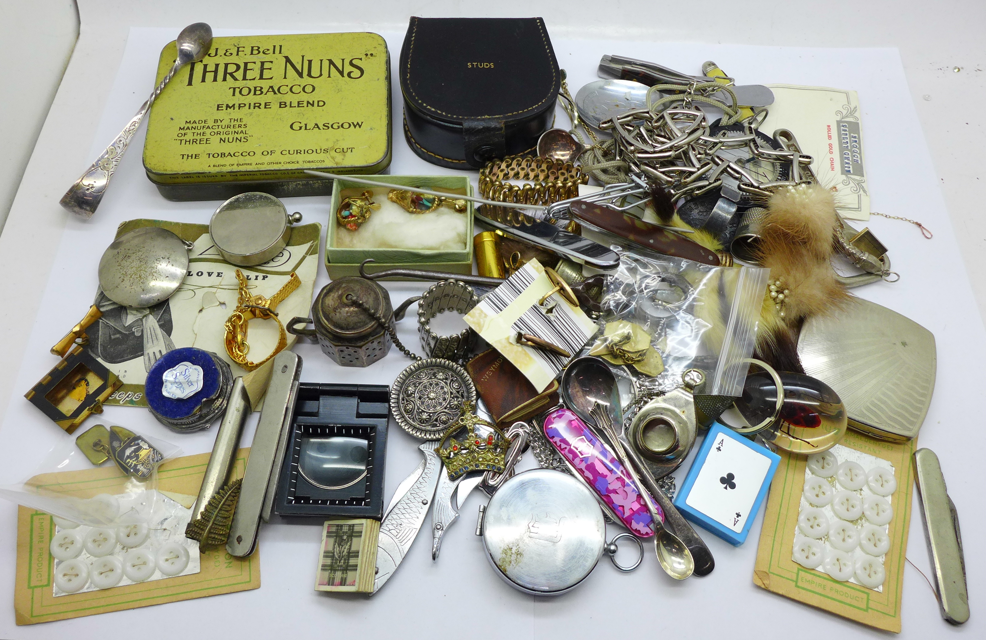 Assorted items including expanding armbands, sewing items, etc.
