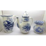 A Booths blue and white coffee pot, Pinecone pattern, made for Liberty & Co. Ltd., one other blue