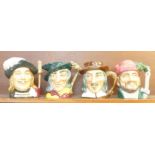 Four Royal Doulton character jugs, Pied Piper, The Lumberjack, Aramis and Izaak Walton