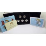 Alice's Adventures in Wonderland, the silver proof fifty pence five coin coloured set, the