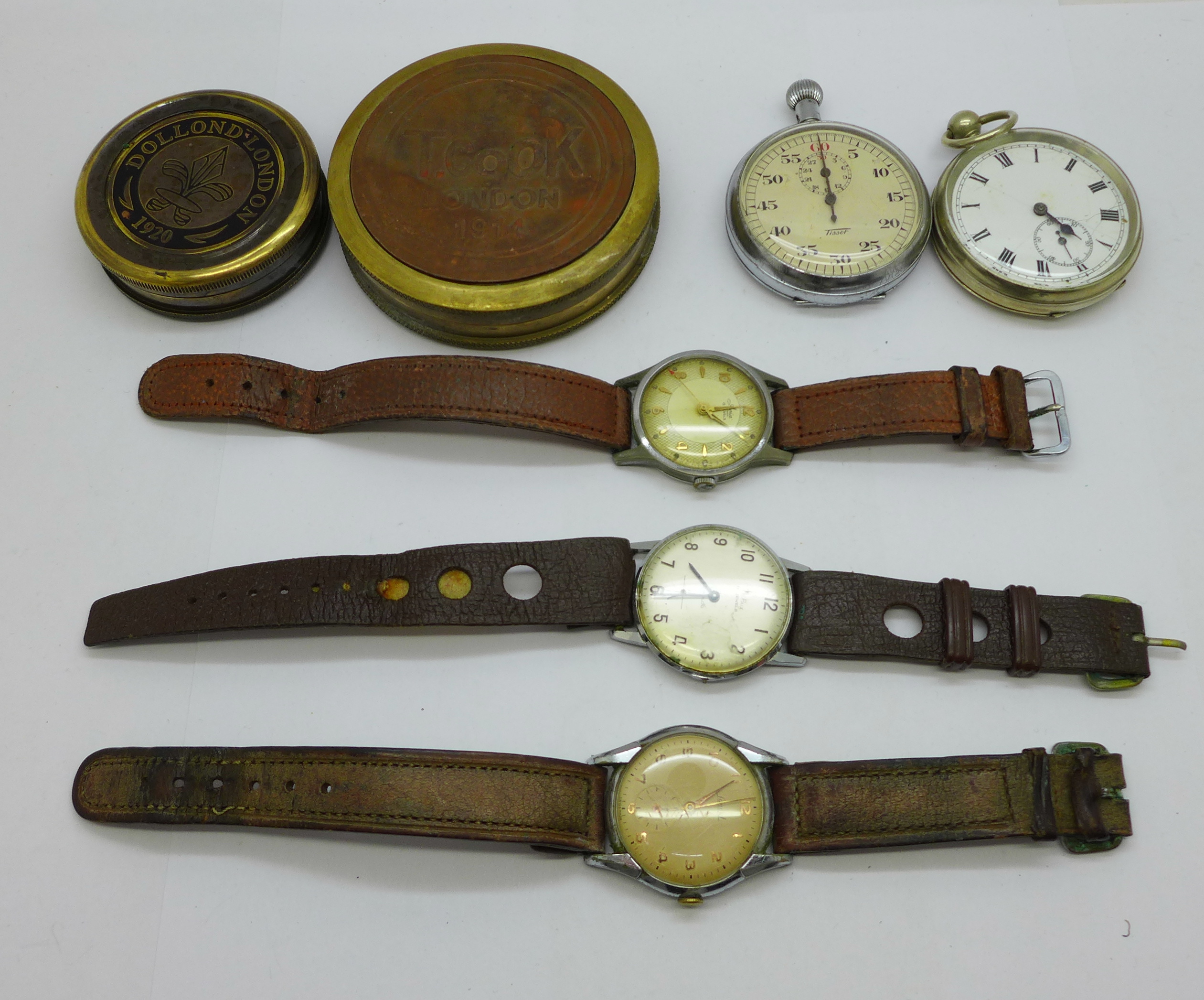 Three vintage wristwatches, a Tissot stopwatch, a pocket watch and two reproduction compasses,