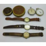 Three vintage wristwatches, a Tissot stopwatch, a pocket watch and two reproduction compasses,