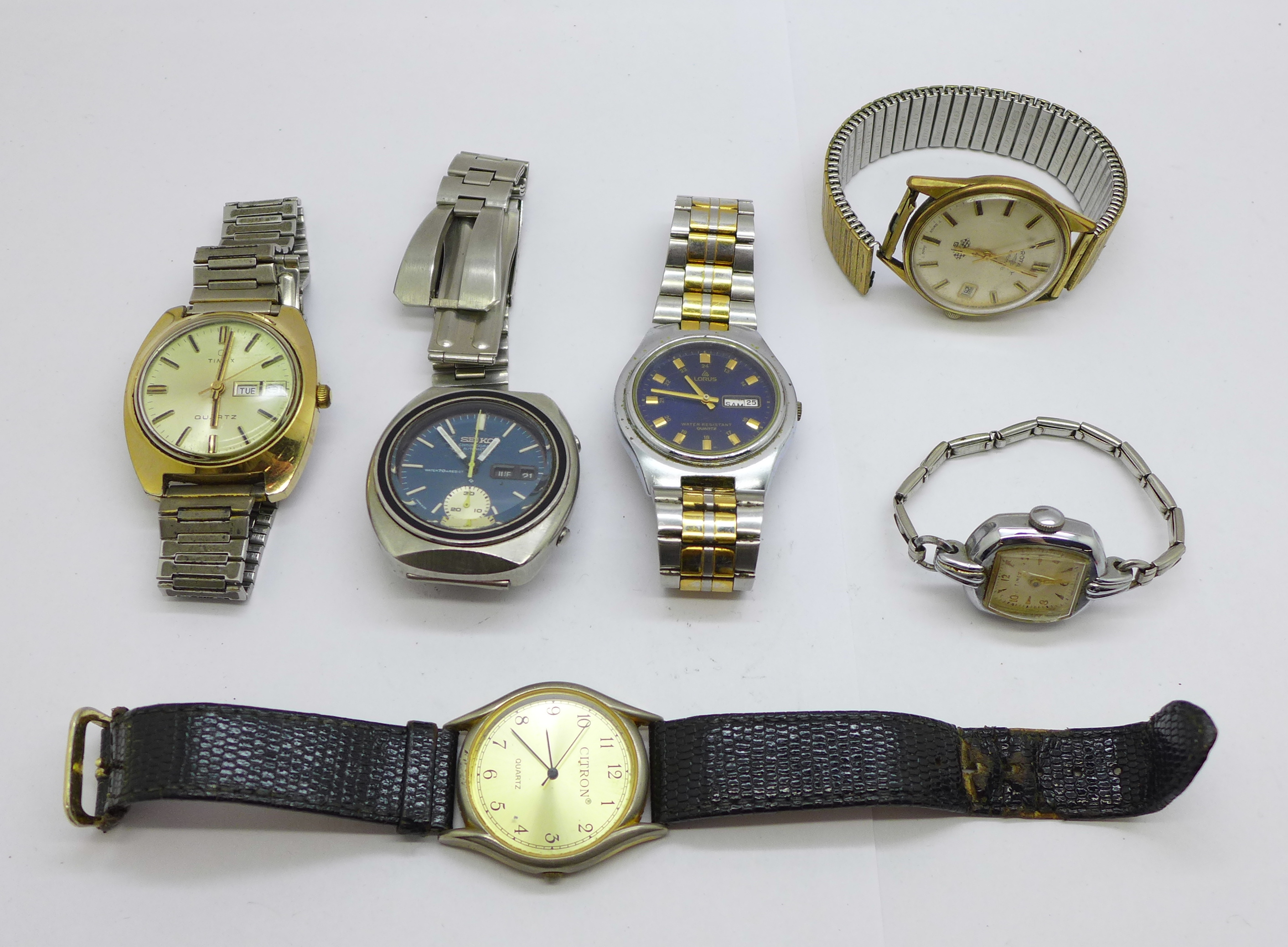 A Seiko 6139-8002 chronograph day-date wristwatch, a/f and five other wristwatches