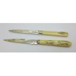 Two silver and ivory knives/letter openers, one hallmarked London 1898 and decorated with pigs,