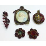 Red stone set jewellery and a small photograph frame, for repairs