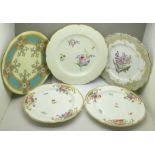 Five 19th Century hand painted cabinet plates including Royal Worcester, Spode Felspar x2 and two