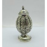 A Victorian silver pounce pot, Birmingham 1876, 38g, (signs of repair at the stem)