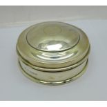 A circular silver trinket/jewellery box, lining a/f, some dents, diameter 8.5cm