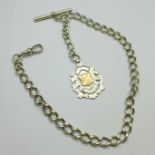 A silver Albert watch chain, each link marked, and a silver fob medal with gold applied