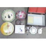 Assorted items, a wooden box, a John Player cigarette tin with contents, a Royal Doulton Isaac