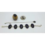 A collection of silver and Blue John set jewellery, a bracelet, a brooch and a pendant and chain,