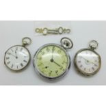 Two silver fob watches and keys and a Smiths pocket watch