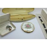 A brooch, a lady's Zenith wristwatch, boxed, a Stratton compact, etc.