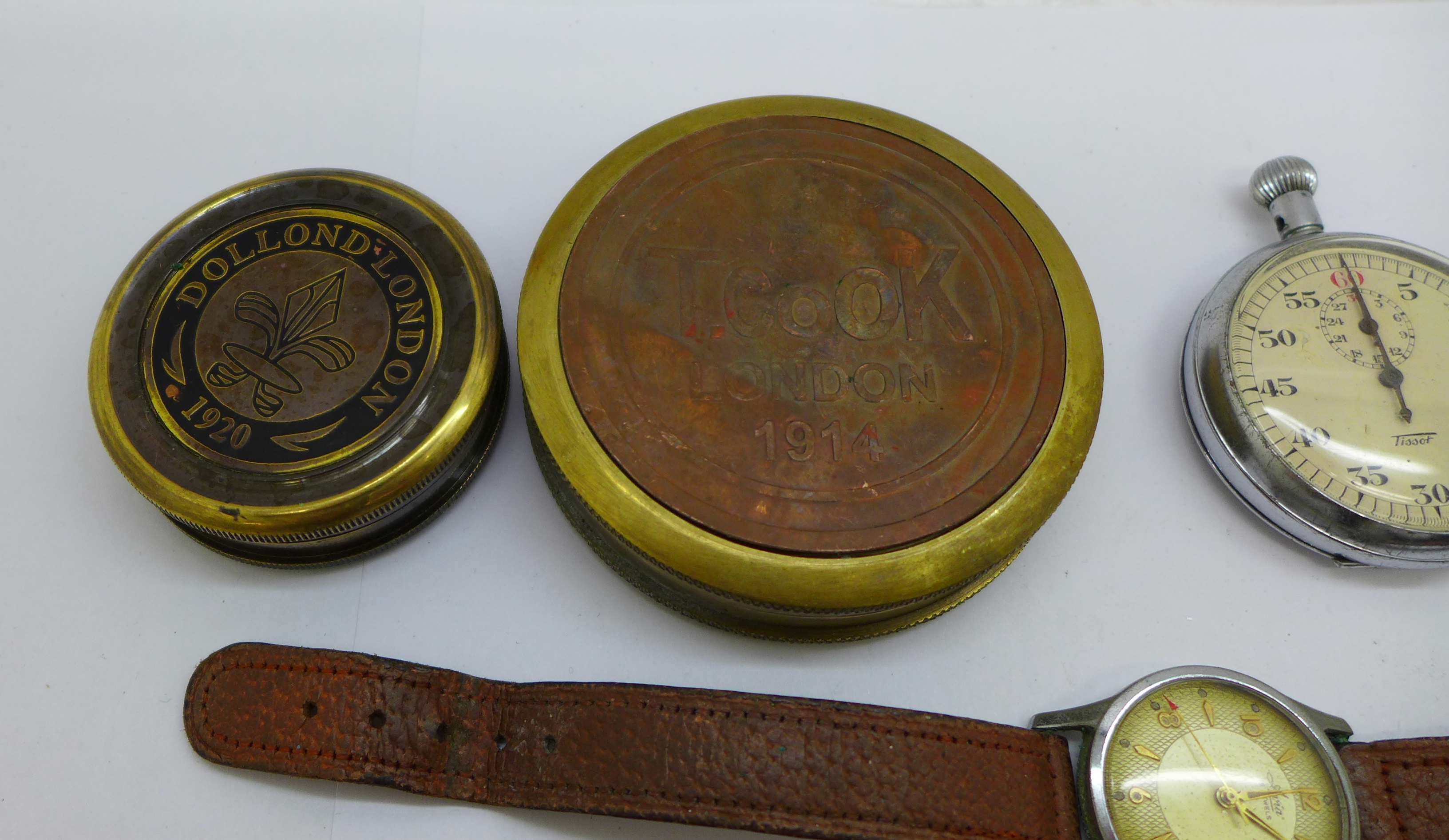 Three vintage wristwatches, a Tissot stopwatch, a pocket watch and two reproduction compasses, - Bild 2 aus 5