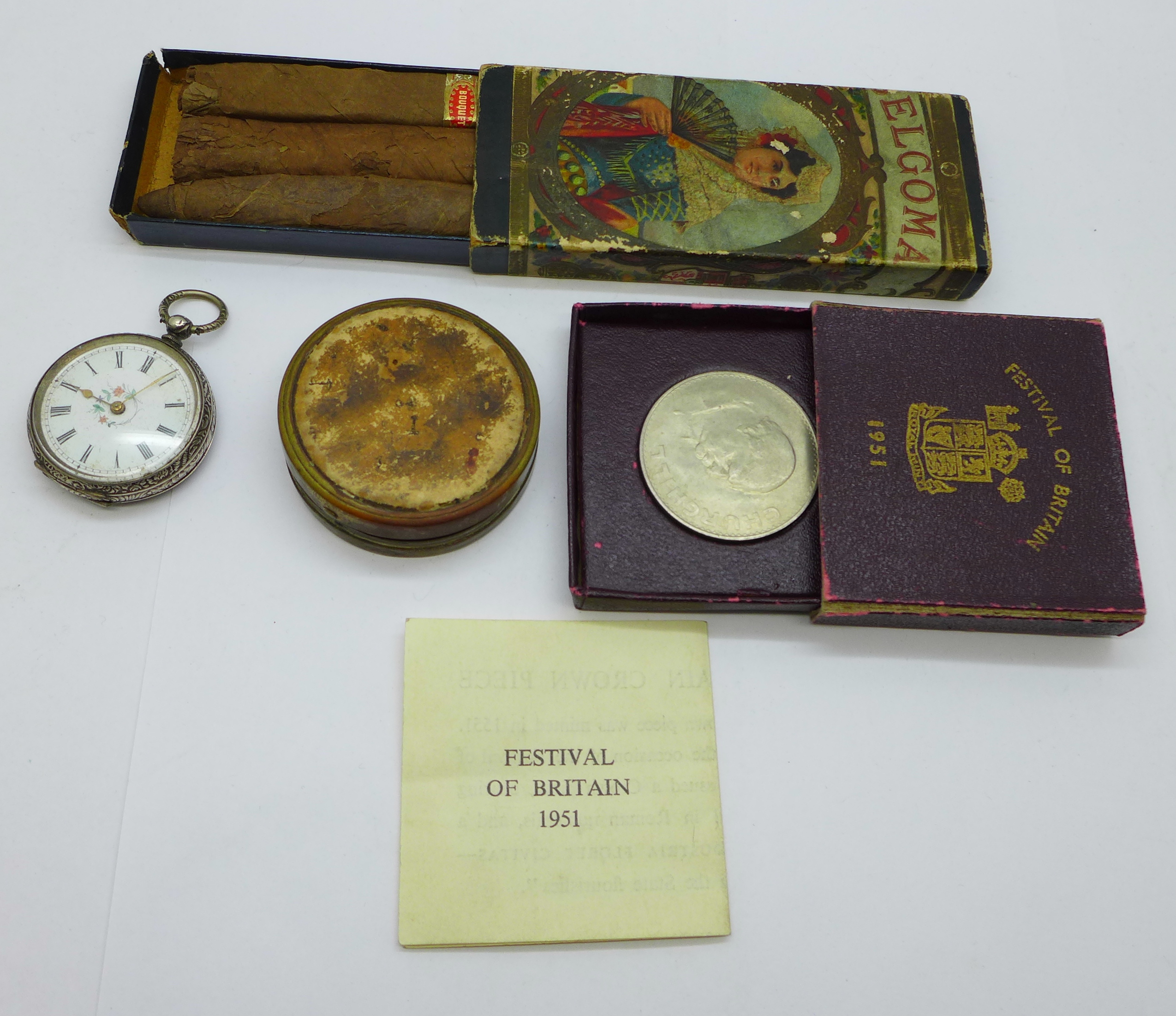 A vintage Coty compact, a/f, an 800 silver fob watch, a/f, three cigars, boxed and a Churchill crown