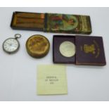 A vintage Coty compact, a/f, an 800 silver fob watch, a/f, three cigars, boxed and a Churchill crown