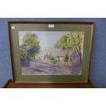 B. Clark, village scene, watercolour, framed