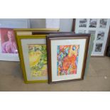 Five floral and abstract watercolours, framed