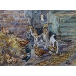 Gillian Harris, fowl and hounds in a courtyard, watercolour, 27 x 36cms and a signed Gillian
