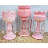 Two similar pink glass lustres and one larger lustre (one drop a/f)