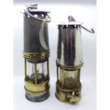 Two miner's safety lamps; Eccles GR6S (loose metal name plate) and one other