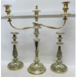 A silver plated candelabra and a pair of plated candlesticks, one candlestick a/f