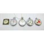 An Ingersoll Referee stop-watch, one other stop-watch, two pocket watches including The Edgware