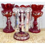 A pair of ruby glass lustres and one other flash cut ruby glass lustre, a/f (small chips to top)