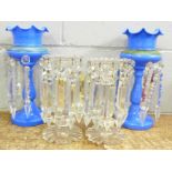A pair of blue glass lustres and a pair of Victorian glass lustres (small chips to top)