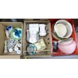 Three boxes of mixed china, large jardinieres, a pair of jugs, a/f, cheese or butter dishes, other