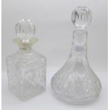 A small silver and cut glass decanter, 15.5cm and one other glass decanter