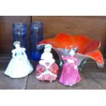 A Murano glass bowl, two Whitefriars style pale blue glass vases and three Royal Doulton figures,