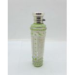 A French glass scent bottle with green and white enamel and silver top, mark worn, a/f, glass