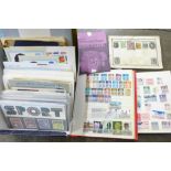 Stamps; box of albums, covers, mint presentation packs, etc.