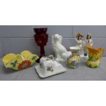 A ruby glass vase, Staffordshire flatback figure, an Art Deco jug and basket, one other jug and a