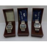 Three retro Unik Time digital wristwatches, boxed