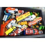 A large box of mixed die-cast model vehicles, Dinky, Corgi, Matchbox and Polistil