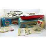 Two Scalex clockwork boats, Cruiser and Torpedo, both with boxes, accessories, manuals, decals and