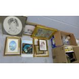 Three boxes of mixed glass, a 1970's pan set and a box of pictures **PLEASE NOTE THIS LOT IS NOT