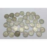 A collection of silver 3d coins including Victorian, 43g